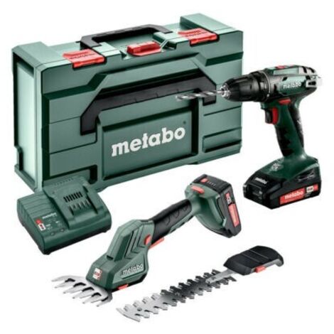 Perceuse-visseuse sans fil 18V avec 2 batteries 2.0Ah – Cisaille à herbe 18V pour coupes précises – Chargeur SC 30 inclus – metaBOX 165L
