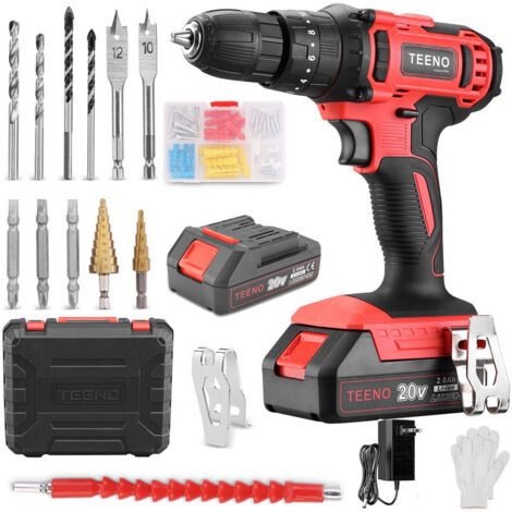 Perceuse visseuse sans fil 20V avec 2 batteries 2 Ah  + chargeur – Couple 40Nm, Perceuse visseuse à percussion – 18+3 réglages pour perçage bois et béton