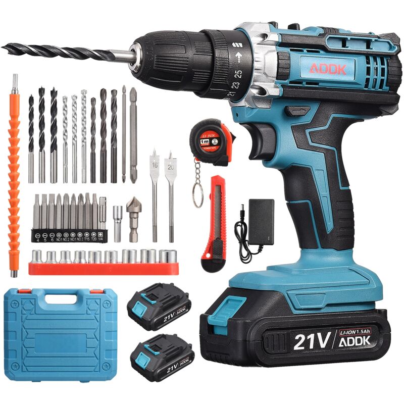 Dans Les Nuages - Perceuse-visseuse sans fil 20V, avec 2 batteries de 1500mAh, 25+1 réglages de couple, éclairage led, 37 accessoires