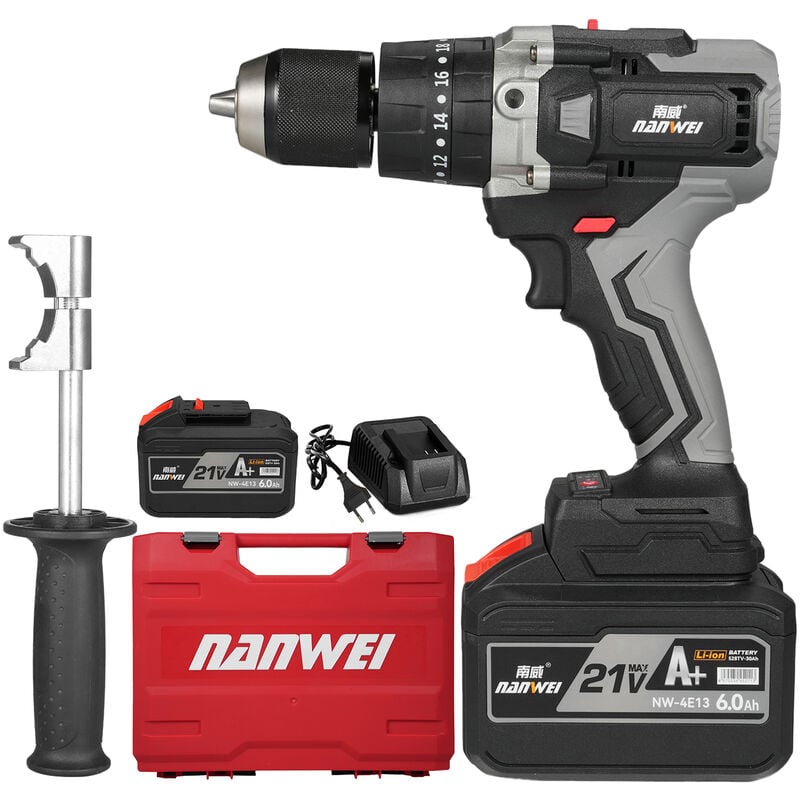 Perceuse-visseuse sans fil 21 v 6,0 a Batterie Max Couple 200 N.m Mandrin sans clé en métal 1/2 pouce 20 + 3 positions 0-1550 rmp Perceuse à