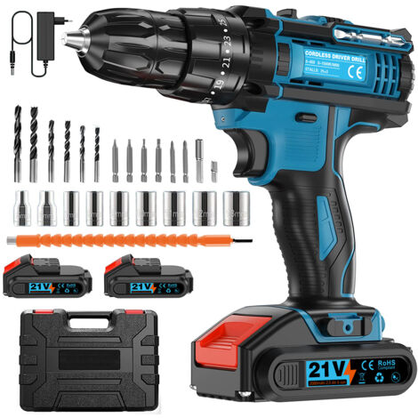 Perceuse-visseuse sans fil 21V avec 2 batteries 2.0Ah – Couple 45Nm – 25 réglages de couple – 2 vitesses – Pour bois dur et béton
