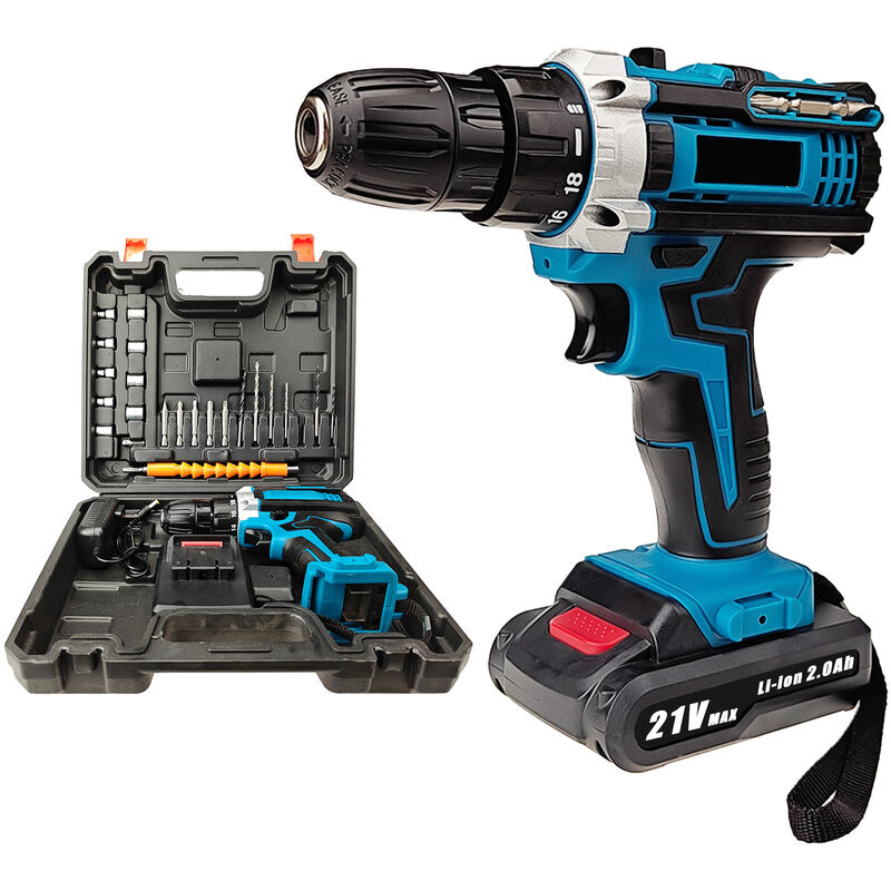 Perceuse Visseuse Sans Fil 21V, Visseuse 42Nm Percussion, 25+3 Réglages de Couple, 30 Accessoires, 2 Vitesses, led, pour le Bricolage
