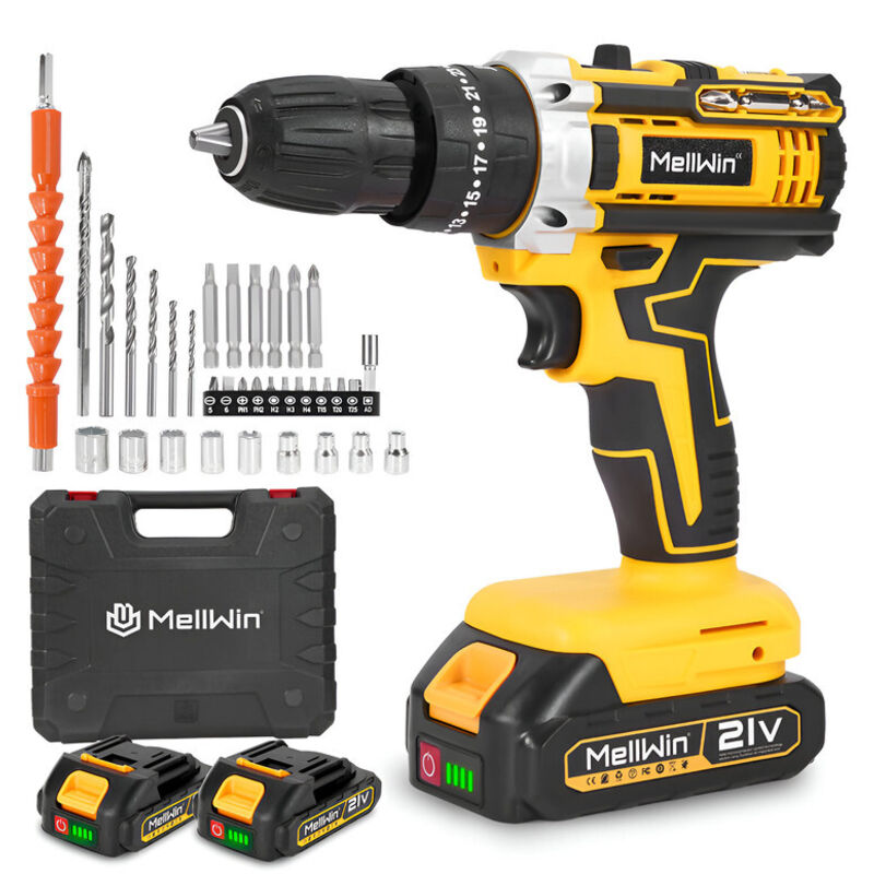 Perceuse Visseuse Sans Fil 21V, Visseuse Devisseuse avec 2 Batteries ,45N.m Percussion, 25+3 Réglages de Couple, 34 Accessoires, 2 Vitesses, pour