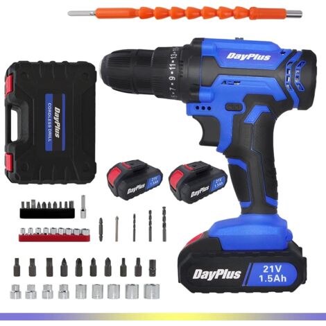Perceuse Visseuse Sans Fil 21V, Visseuse Devisseuse Sans Fil avec 2 Batteries, 45Nm Perceuse Électrique, 25+1 Réglages de Couple, 26 Accessoires, 2 Vitesses, LED, pour la Bricolage(Bleu)