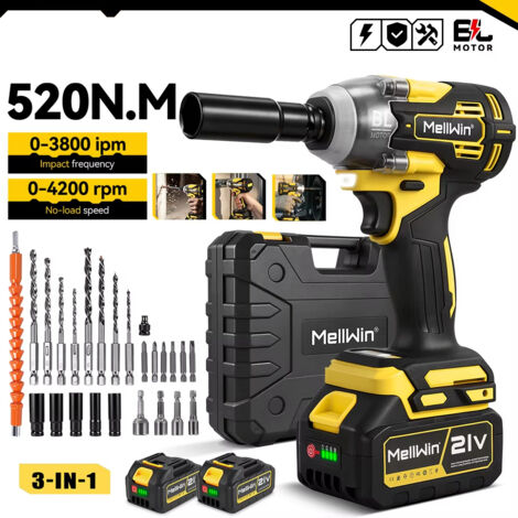 Perceuse Visseuse Sans Fil 3 en 1 520N·m Outil Électrique Sans Balais Clé à Chocs Tournevis Multifonction Compatible Makita 18V avec 2 Batteries