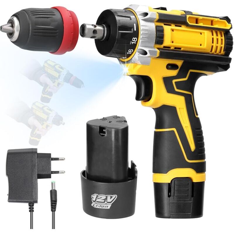 Perceuse Visseuse Sans Fil, Accessoires 12v Perceuse Sans Fil Avec Lumière LED 2 Batteries 1300mAh, 2 Vitesses