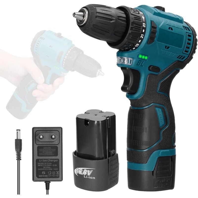 Perceuse Visseuse Sans Fil, Accessoires 16.8v Perceuse Sans Fil Avec Lumière led 2 Batteries 1300mAh, 2 Vitesses