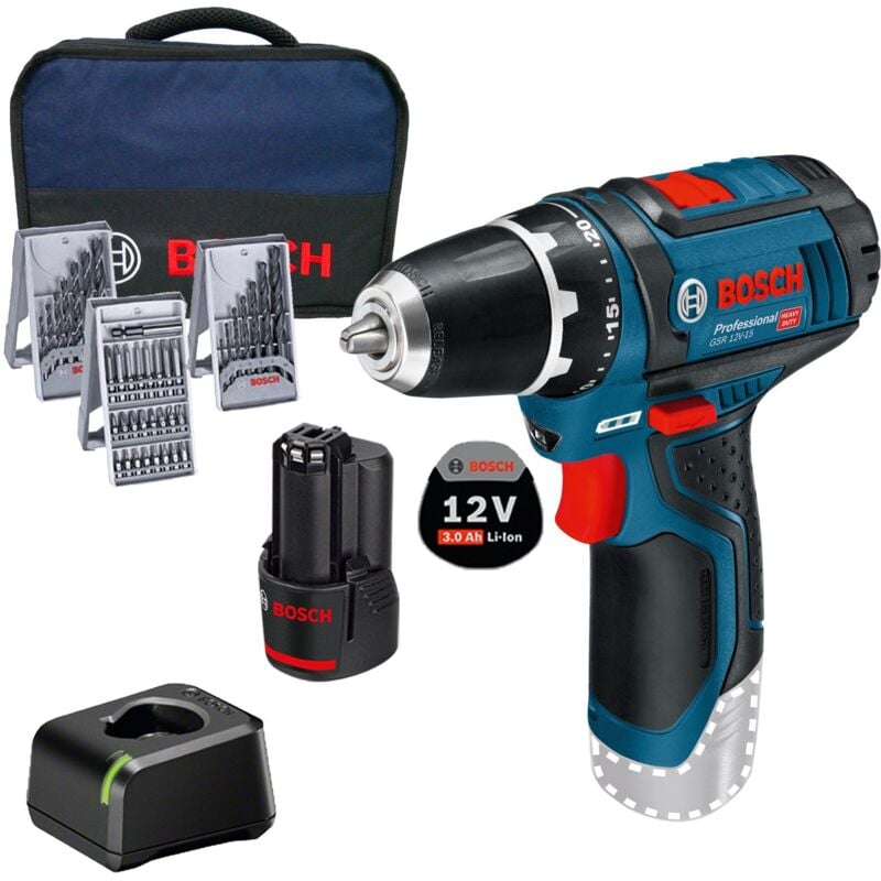 Perceuse-visseuse sans fil gsr 12V-15 Bosch 1x batterie 3,0 Ah + chargeur, accessoires inclus dans un sac souple