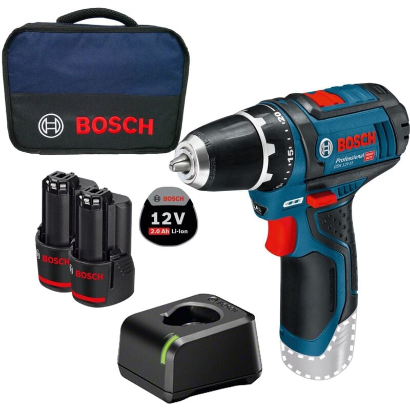 Perceuse-visseuse sans fil gsr 12V-15 Bosch 2x 2,0 Ah batterie + chargeur dans un sac souple