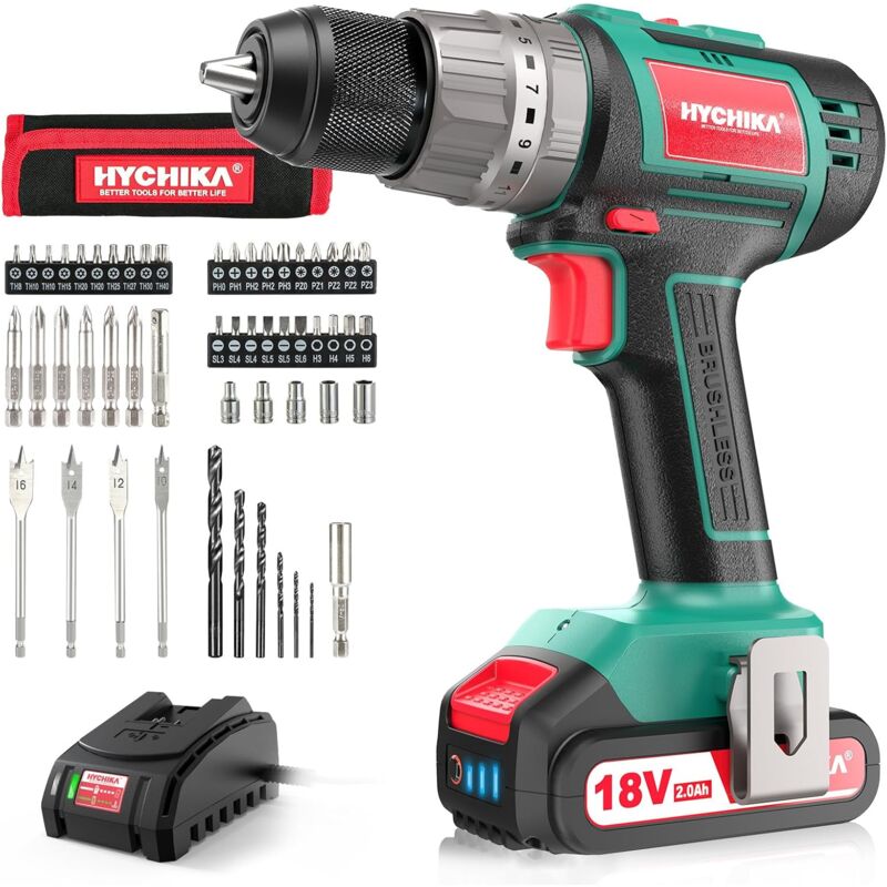 Perceuse Visseuse Sans Fil 60Nm, 18V Professional Perceuse Percussion Sans Balais avec2.0Ah Li-ion Batteries, 53PCS Accessoires, Réglage du Couple