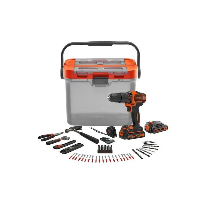 Black&decker - kit brico : Perceuse Perc 18V black+dekker - avec 2 batteries 1,5Ah , 6 outils, 60 accs, 12 clés et boîte - BCKSB04-QW