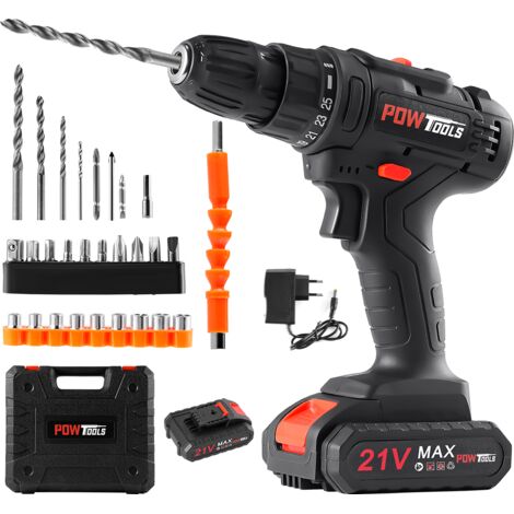 Perceuse visseuse sans fil POWTOOLS - 21V - 1 batterie Lithium + 28 accessoires + Chargeur