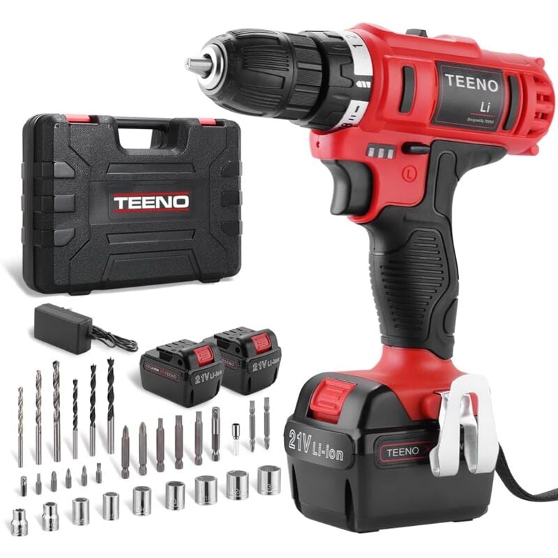 Perceuse Visseuse sans Fil Teeno 21V - Deux 1.5Ah Batteries - 41 accessoires - Gants professionnels - Rouge