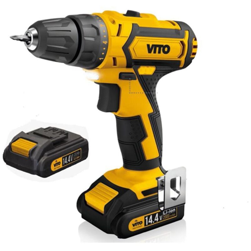 Perceuse sans fil 14,4 V 2 Batteries lithium 2.0Ah Chargeur rapide LED et indicateur de charge VITO
