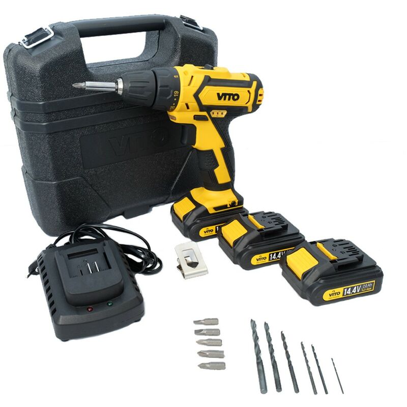 Perceuse visseuse 14.4V + 3 Batteries lithium 2,0Ah + Chargeur rapide Vito