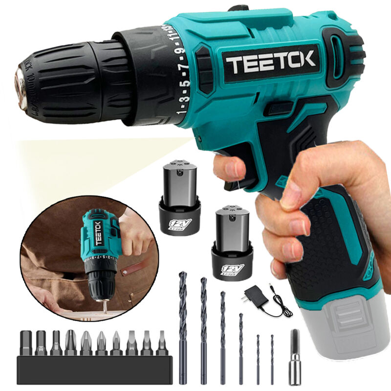 Perceuses et perceuses combinées, ensemble de tournevis sans fil 12 V, perceuse à main, 2 batteries de 1,5 A, 40 N.m, mandrin de 3/8" , lumière LED,