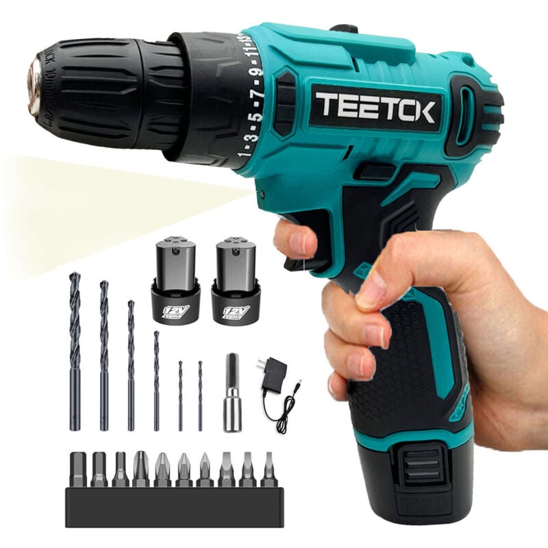 Tournevis, perceuse sans fil,2x batterie tournevis électrique haute puissance, perceuse combinée à batterie 40 N.m, mandrin 3/8', lumière led, couple