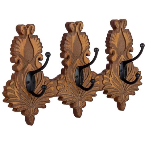 Percha de pared de madera de 3 ganchos marrón 36x8x20.5h cm