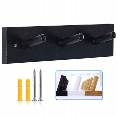 Percha de pared de madera negra para ropa y llaves.