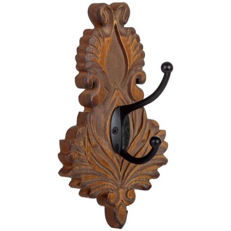 Percha de pared de madera tallada marrón 11.5x8.5x20.5h cm