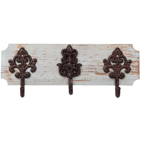 Percha de pared de madera y metal 3 ganchos azul 40x13x10