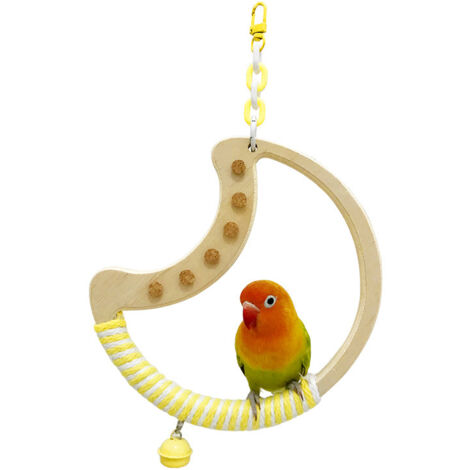 Percha en forma de luna con campana y juguete de corcho, soporte giratorio de madera para loros, hámsteres, agapornis y pájaros pequeños/medianos (blanco + amarillo)
