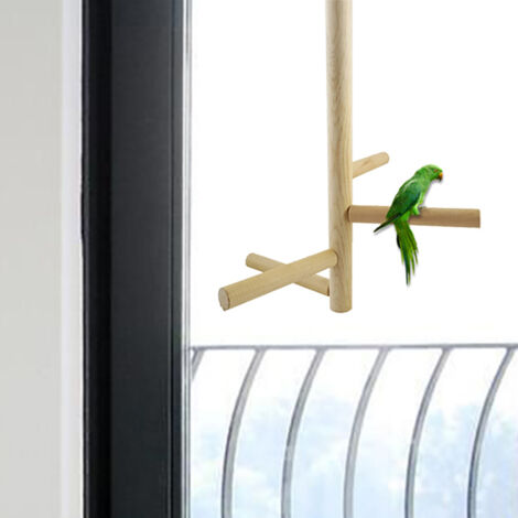 Percha giratoria de madera para periquitos y cacatúas con múltiples ramas y soporte resistente para jaula.