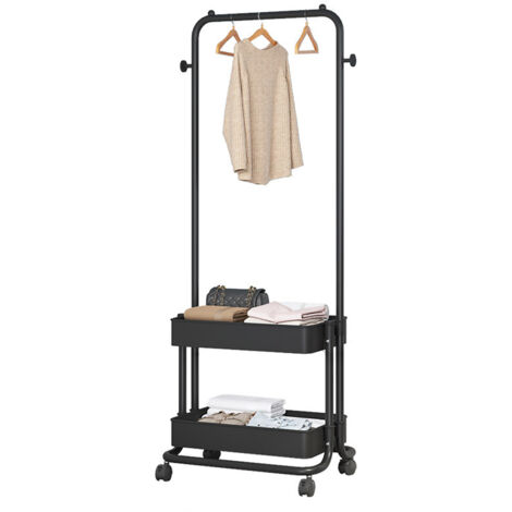 Perchero 3-en-1 móvil negro Para ropa, zapatos y accesorios 2 cestas dos niveles + 2 ganchos laterales Carrito almacenamiento para sala, dormitorio, vestidor o recibidor
