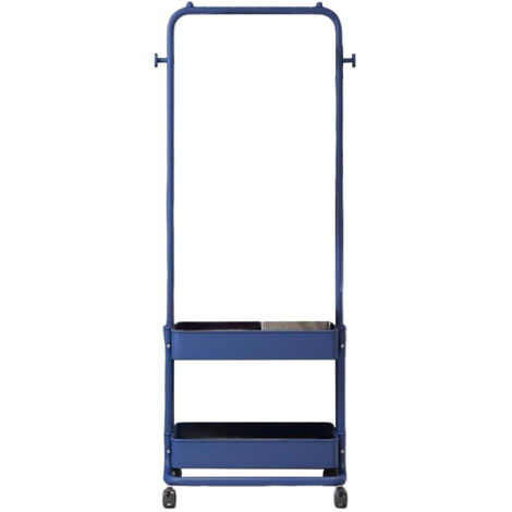 Perchero 3 en 1 para ropa, zapatos y accesorios, con 2 cestas de dos niveles y 2 ganchos laterales. Carrito de almacenamiento móvil para sala de estar, dormitorio, vestidor o recibidor. Azul.