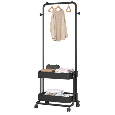 Perchero 3 en 1 para ropa, zapatos y accesorios, con 2 cestas de dos niveles y 2 ganchos laterales. Carrito de almacenamiento móvil para sala de estar, dormitorio, vestidor o recibidor. Color negro.