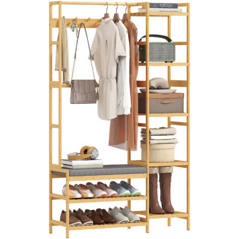 Perchero con estante para zapatos, ganchos, perchero de mano, banco con cojín, para recibidor, pasillo, vestíbulo, madera natural.