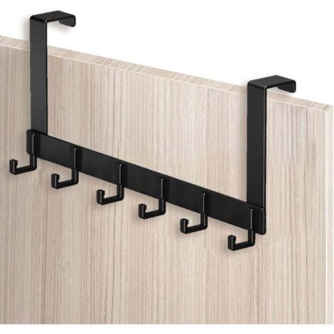 Perchero de acero inoxidable para colgar sobre la puerta, con 6 ganchos, sin necesidad de taladrar, apto para puertas de 4,1 a 4,5 cm, color negro.