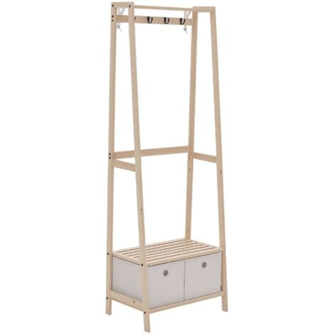 Perchero de Madera con Zapatero de 2 Estantes con 2 Cajones de Tela 4 Ganchos y Barra para Colgar Ropa para Entrada Salón 58x36x168 cm