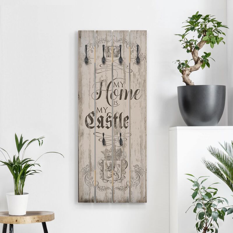 

Perchero de madera - My Home is my Castle - Ganchos negros - Vertical Dimensión LxA: 100cm x 40cm