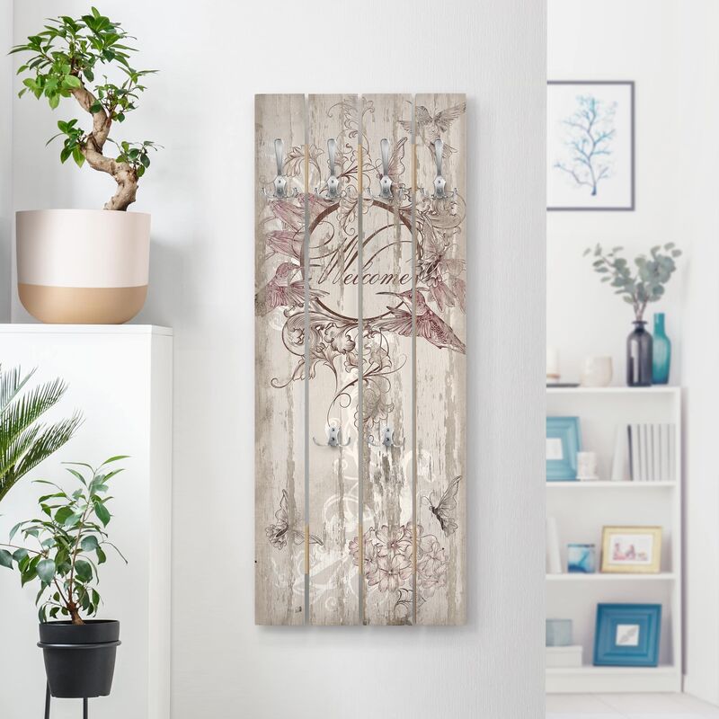 

Perchero de madera - Welcome with Butterfly - Ganchos cromados - Vertical Dimensión LxA: 100cm x 40cm