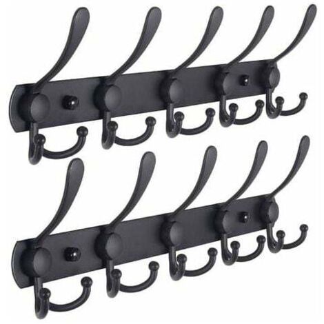 Perchero de pared – 5 ganchos triples, barra de acero inoxidable resistente para abrigos, toallas, bolsos y albornoces en la entrada del baño (Negro, paquete de 2)