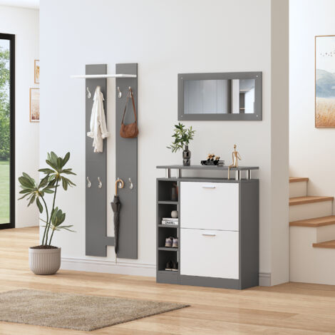 Perchero de Pared 80x25x96.5 cm con espejo 2 paneles estante armario zapatos gris