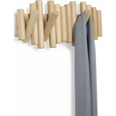 Perchero de pared con 5 ganchos, de madera natural, 37,1 x 16,5 x 4,4 cm.