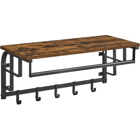 Perchero de pared con estante de almacenamiento, estante de pared con 5 ganchos extraíbles, estante colgante con barra, para entrada, dormitorio, sala de estar, marrón rústico y negro LCR12BX