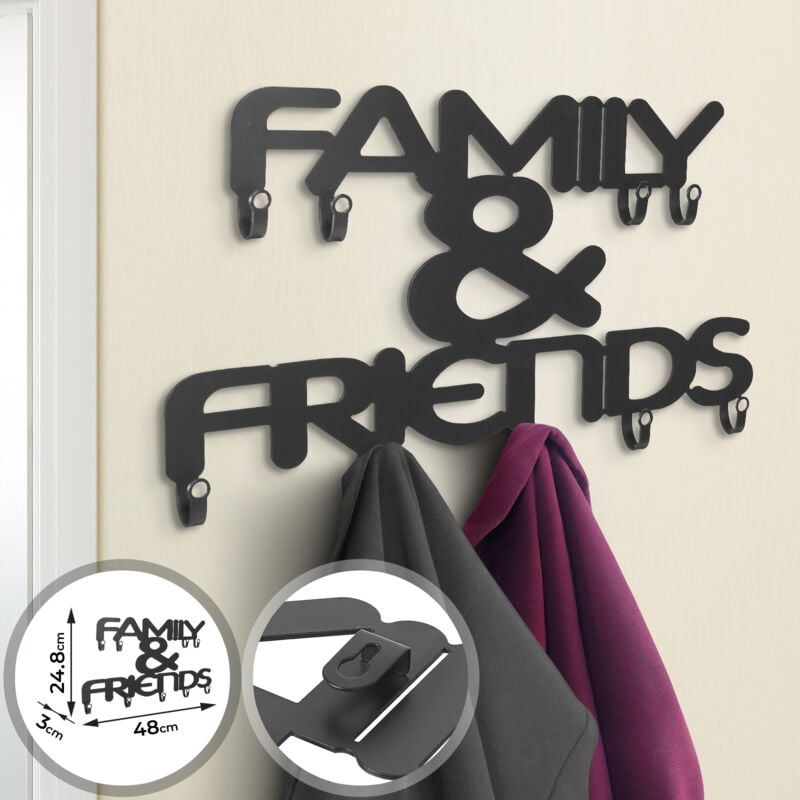 Ecomsof - miadomodo® Perchero de Pared - con 9 Ganchos, Letras de Family & Friends, 48 x 25 x 3 cm, de Hierro Forjado, Color Negro - Percha de Pared,