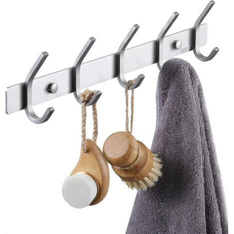 Perchero de pared de metal con ganchos, acero inoxidable SUS304, acabado cepillado (5 ganchos)