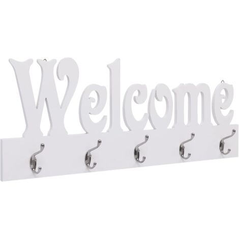 Perchero de pared en MDF blanco estampado WELCOME con 4 ganchos 74x29,5 cm DEC024226