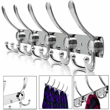 Perchero de pared, ganchos de acero inoxidable, ganchos para abrigos, toallas y albornoces (5 ganchos plateados)