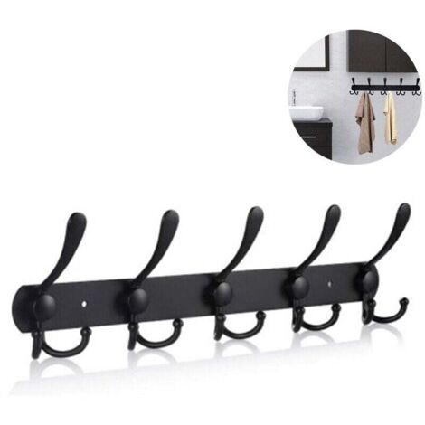 Perchero de pared largo con 5 ganchos para colgar abrigos, perchero de pared, perchero para ropa, chaquetas y sombreros, color negro