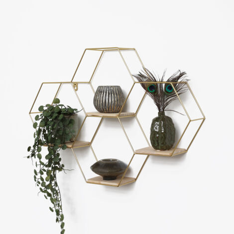 Perchero de pared metálico hexagonal cuádruple - 40,5x58 cm - Dorado
