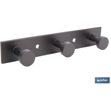 Perchero de pared negro de acero con 3 pomos 15,6 x 2,7 x 2,8 cm
