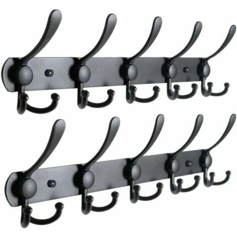 Perchero de pared, Perchero de pared de acero inoxidable, Perchero de pared, 15 ganchos, Negro - Negro 2 piezas.