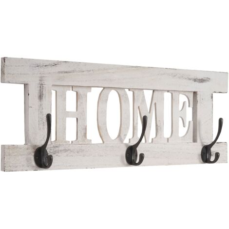 Perchero de pared vintage de madera blanca con 3 ganchos 20x55cm MED04052