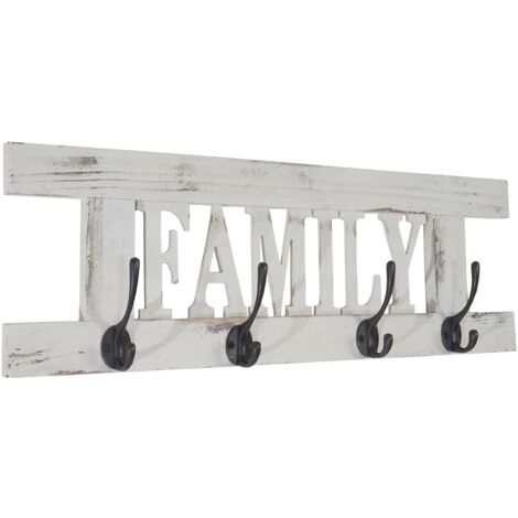 Perchero de pared vintage de madera blanca con 4 ganchos 20,5x60x1,5 cm MED04050