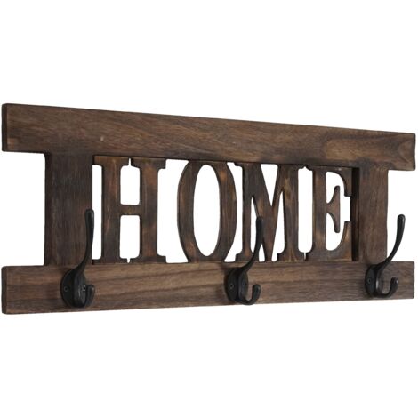 Perchero de pared vintage de madera marrón con 3 ganchos 20x55cm MED04051